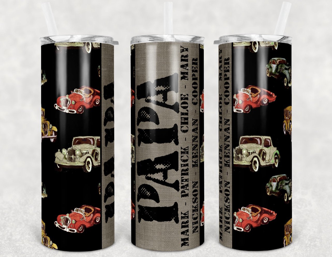 Papa with Cars and kids names  - 20 oz Skinny Tumblers w/ Lid and Metal Straw