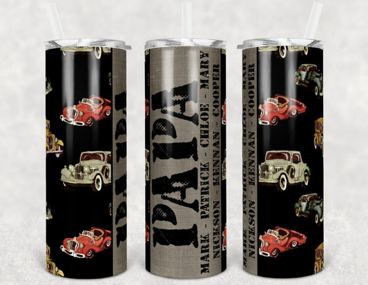 Papa with Cars and kids names  - 20 oz Skinny Tumblers w/ Lid and Metal Straw