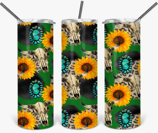 Sunflowers, Skulls and Green -20oz or 30oz as Skinny Tumblers w/ Lid and Metal Straw