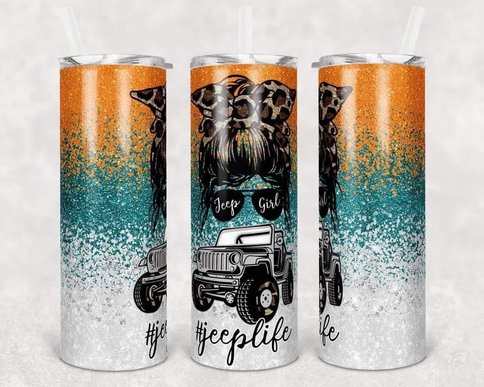 Green, Blue, Orange Jeep Girl Ombré - 20oz or 30oz Skinny Tumblers w/ Lid and Metal Straw