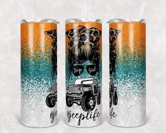 Green, Blue, Orange Jeep Girl Ombré - 20oz or 30oz Skinny Tumblers w/ Lid and Metal Straw