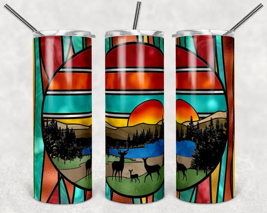 Striped Sunset Deer- 20 oz or 30oz Skinny Tumblers w/ Lid and Metal Straw