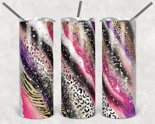 Glitter Cheetah Stripe Effect- 20oz or 30oz Skinny Tumblers w/ Lid and Metal Straw