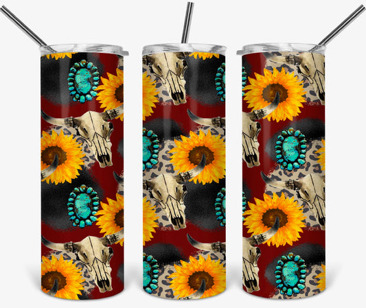 Sunflowers, Skulls and Teal -20oz or 30oz as Skinny Tumblers w/ Lid and Metal Straw