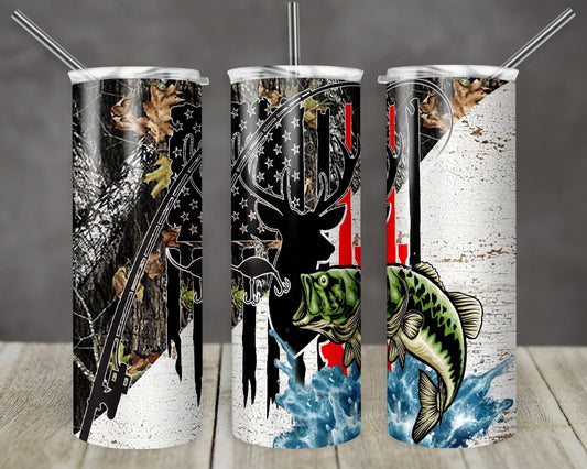 Hunting Fishing - 20oz or 30oz Skinny Tumblers w/ Lid and Metal Straw