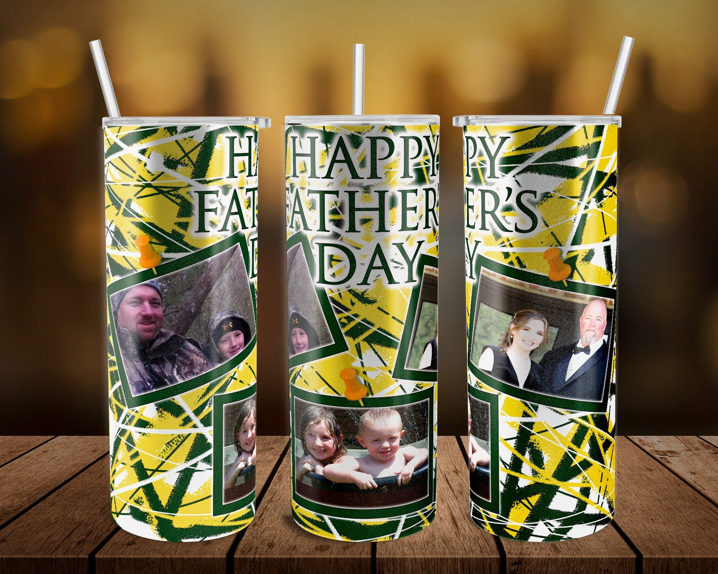 Yellow Green And White Father Picture - 20 oz or 30oz Skinny Tumblers w/ Lid and Metal Straw