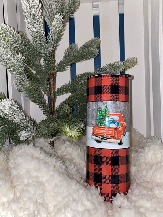 Christmas Truck - 20oz Skinny Tumbler w/Lid and Metal Straw
