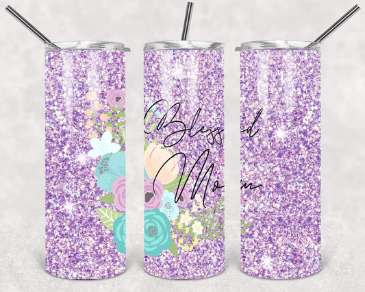 Purple Glitter Blessed Mama- 20oz or 30oz Skinny Tumblers w/ Lid and Metal Straw