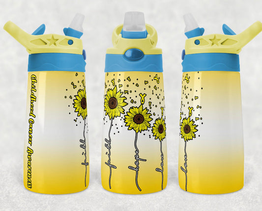 Kids Cancer -Yellow Flowers - 12oz Kids Flip Cup water Bottle Tumbler