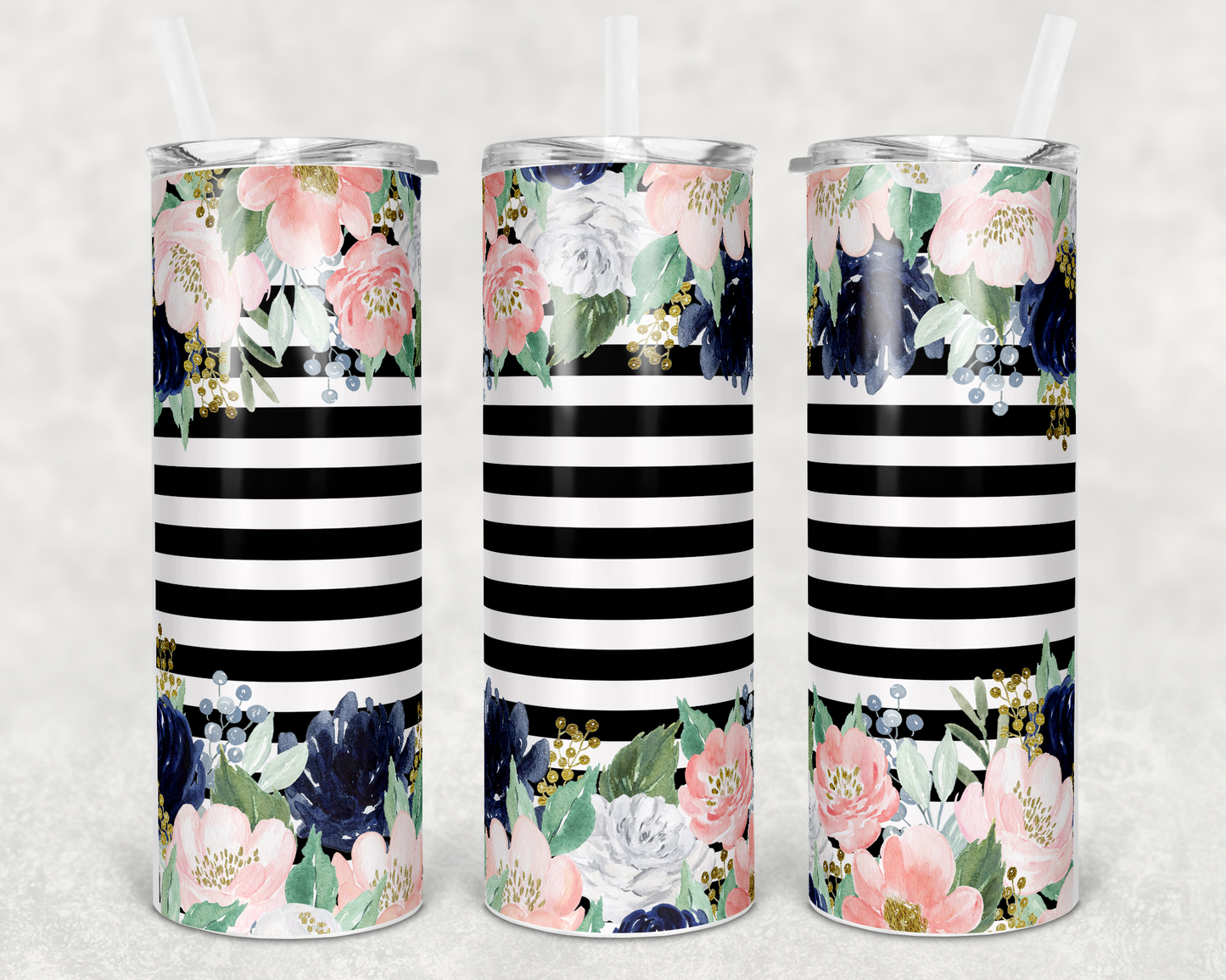 Black and White Striped Floral- 20oz or 30oz Skinny Tumblers w/ Lid and Metal Straw