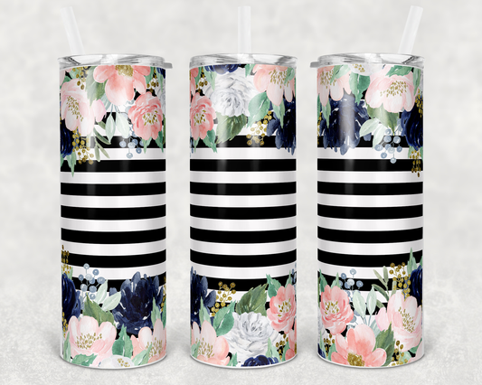 Black and White Striped Floral- 20oz or 30oz Skinny Tumblers w/ Lid and Metal Straw