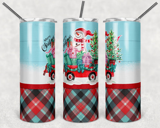 Merry Christmas Snowman , Red Truck - 20oz or 30oz Skinny Tumblers w/ Lid and Metal Straw