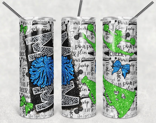 BLUE & Green Cheer Mom- 20oz or 30oz Skinny Tumblers w/ Lid and Metal Straw