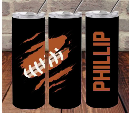 Black w/ Football custom- 20 oz or 30oz Skinny Tumblers w/ Lid and Metal Straw