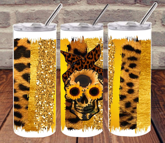 Leopard Glitter Stripe Sunflower - 20oz or 30oz Skinny Tumblers w/ Lid and Metal Straw
