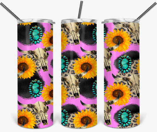 Sunflowers, Skulls and Pink -20oz or 30oz as Skinny Tumblers w/ Lid and Metal Straw