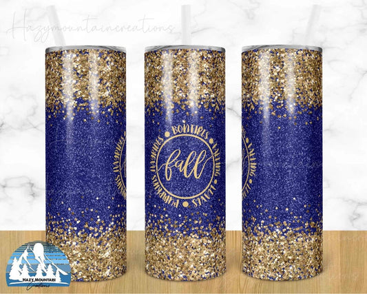 Blue Glitter Fall Season - 20oz or 30oz Skinny Tumblers w/ Lid and Metal Straw