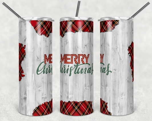 Merry Xmas White Wood Red Plaid- 20 oz or 30oz Skinny Tumblers w/ Lid and Metal Straw