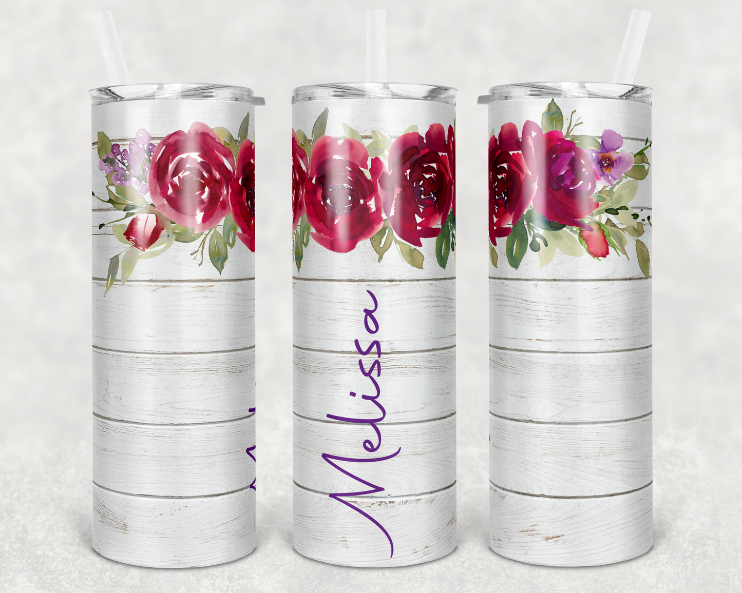 Red Floral White Wood Name- 20oz or 30oz Skinny Tumblers w/ Lid and Metal Straw