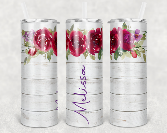 Red Floral White Wood Name- 20oz or 30oz Skinny Tumblers w/ Lid and Metal Straw