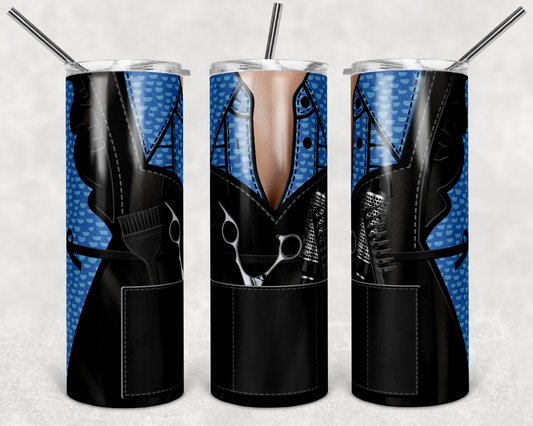 Blue Polka Dots Hair Apron - 20oz or 30oz Skinny Tumblers w/ Lid and Metal Straw