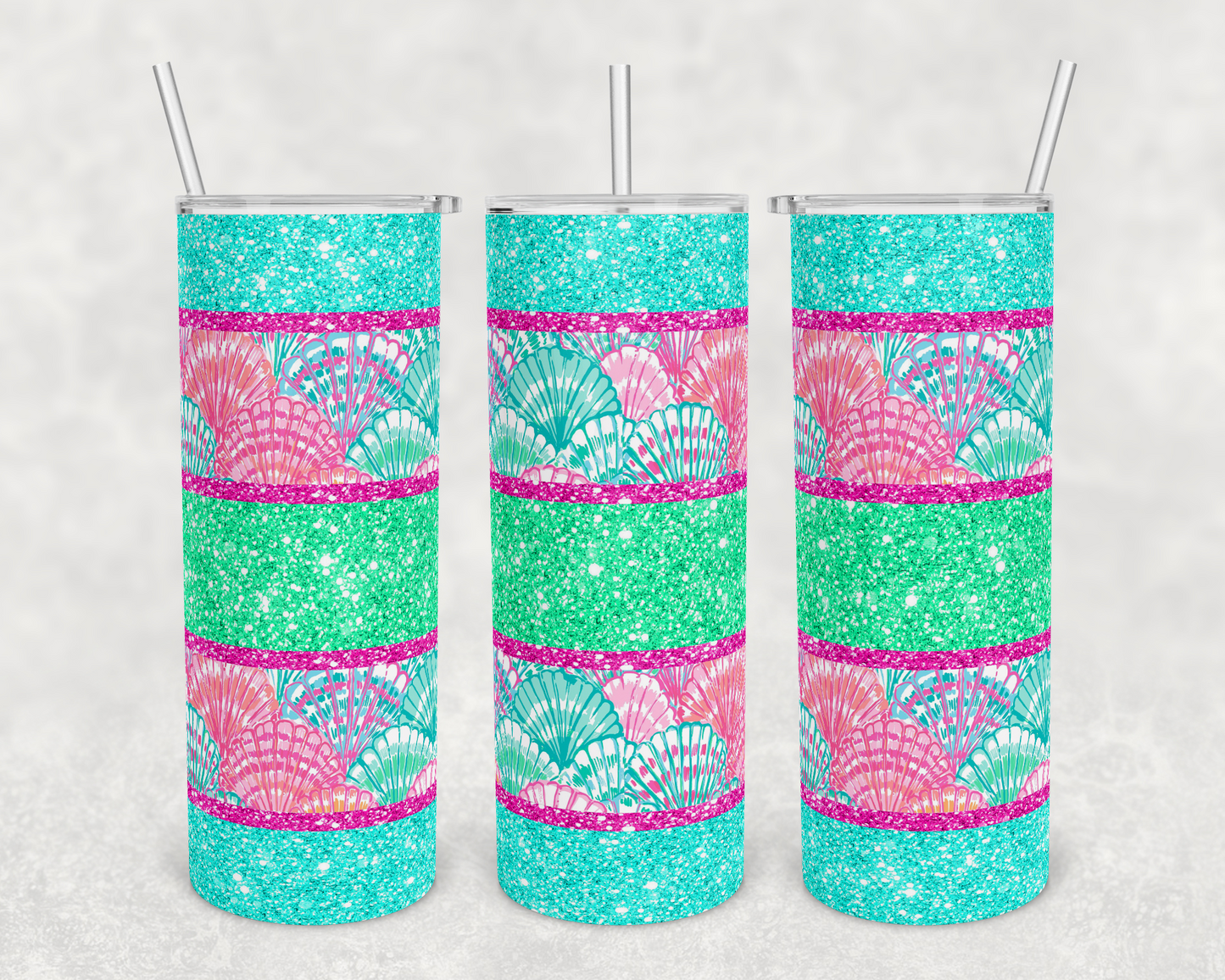 Glitter , Teal , Pink SeaShells - 20 oz or 30oz Skinny Tumblers w/ Lid and Metal Straw