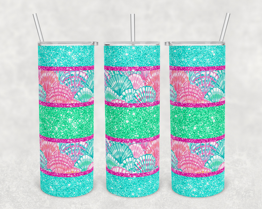 Glitter , Teal , Pink SeaShells - 20 oz or 30oz Skinny Tumblers w/ Lid and Metal Straw