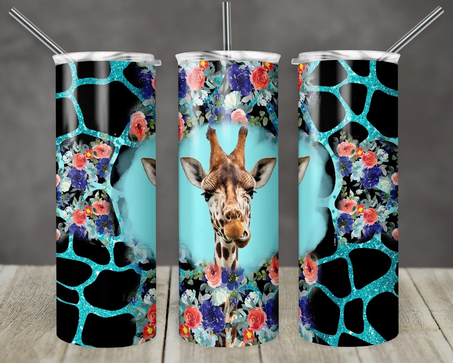 Teal Giraffe  - 20oz or 30oz Skinny Tumblers w/ Lid and Metal Straw