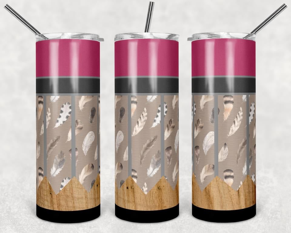 Feathers Pink Stripe Special Effects - 20 oz or 30oz Skinny Tumblers w/ Lid and Metal Straw
