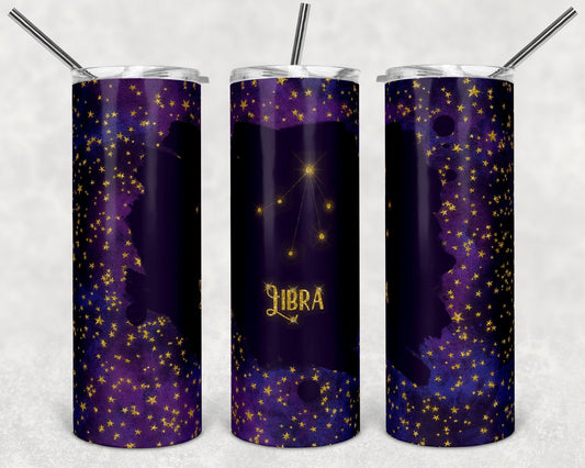 Libra Purple & Gold Zodiac - 20oz or 30oz Skinny Tumblers w/ Lid and Metal Straw