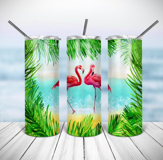 Pink Flamingo Animal -20 oz or 30oz Skinny Tumblers w/ Lid and Metal Straw