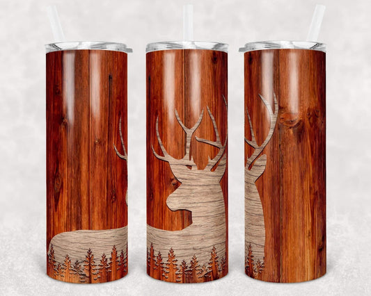Wooden Deer Head  - 20oz or 30oz Skinny Tumblers w/ Lid and Metal Straw