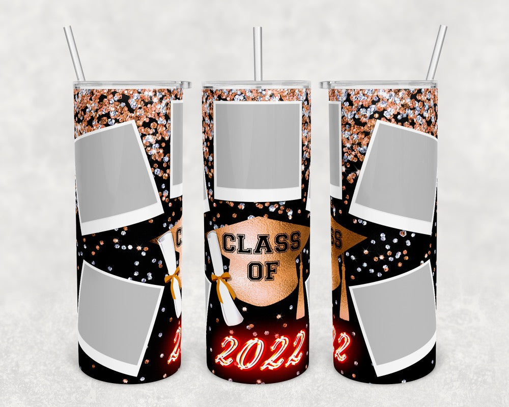 Orange Glitter Class of 22- 20 oz or 30oz Skinny Tumblers w/ Lid and Metal Straw