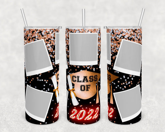 Orange Glitter Class of 22- 20 oz or 30oz Skinny Tumblers w/ Lid and Metal Straw