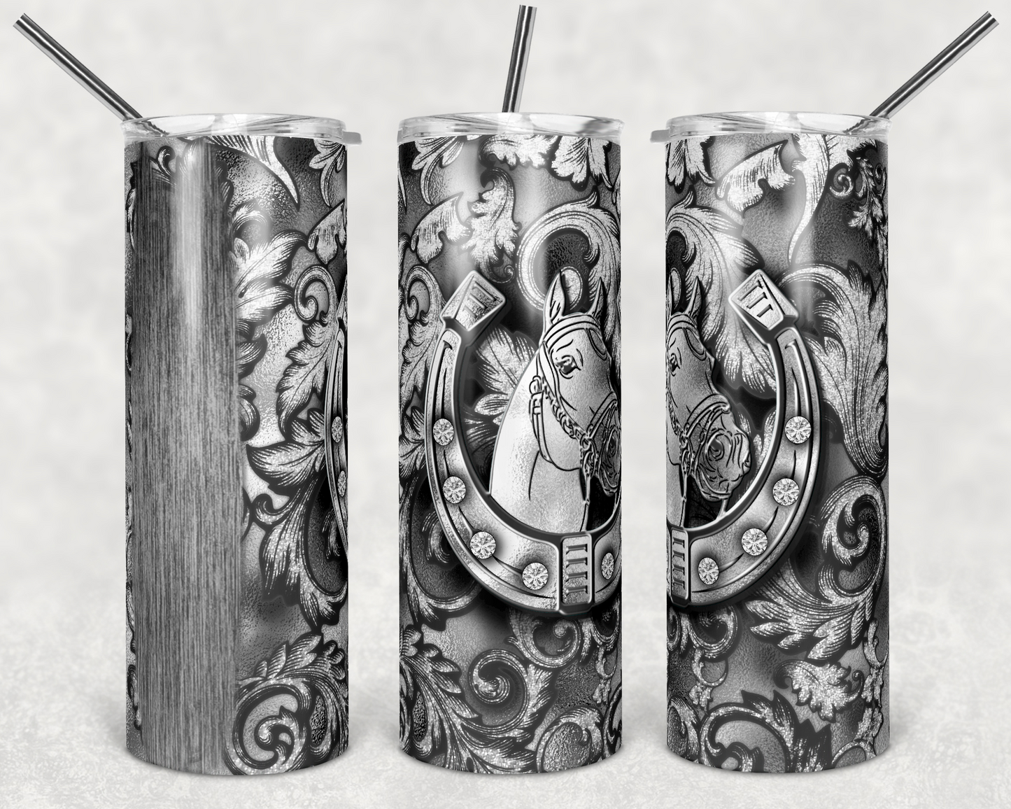 Silver Horse Shoe- 20 oz or 30oz Skinny Tumblers w/ Lid and Metal Straw