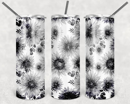 Black & White Sunflowers- 20oz or 30oz Skinny Tumblers w/ Lid and Metal Straw