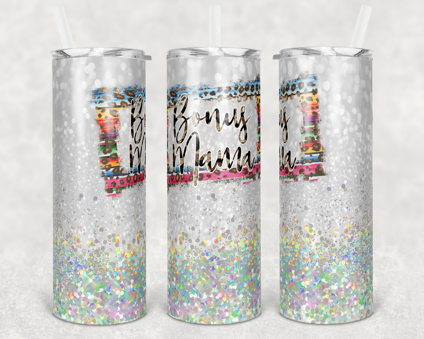 Bonus Mama White Sparkle - 20oz or 30oz Skinny Tumblers w/ Lid and Metal Straw