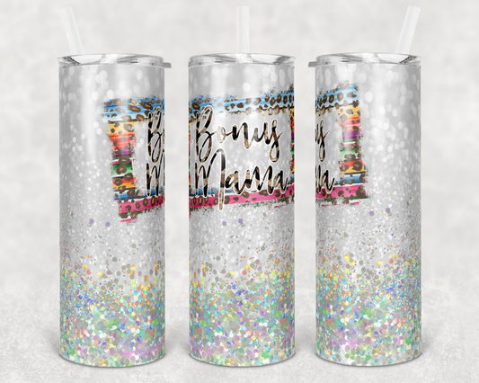 Bonus Mama White Sparkle - 20oz or 30oz Skinny Tumblers w/ Lid and Metal Straw