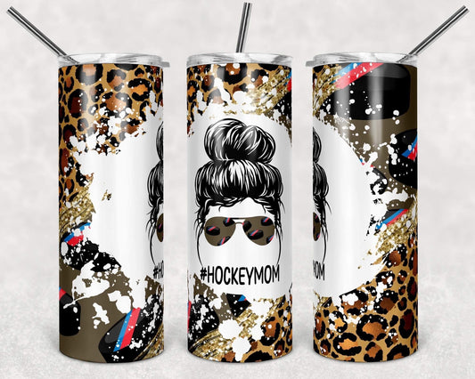 Hockey Cheetah Mom - 20oz or 30oz Skinny Tumblers w/ Lid and Metal Straw