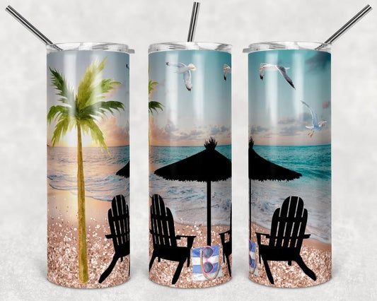 Beach W/ Palmtree - 20oz or 30oz Skinny Tumblers w/ Lid and Metal Straw