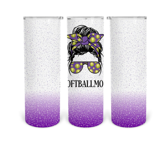 Purple Glitter Softball Mom- 20oz or 30oz Skinny Tumblers w/ Lid and Metal Straw