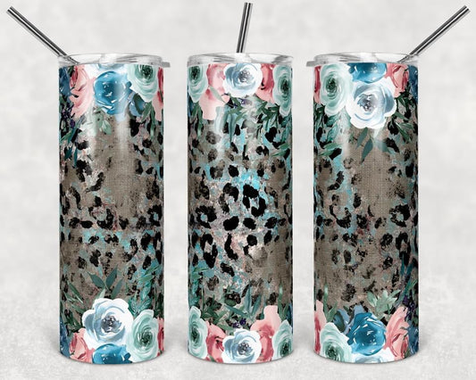 Blue & Pink Cheetah Floral - 20oz or 30oz Skinny Tumblers w/ Lid and Metal Straw