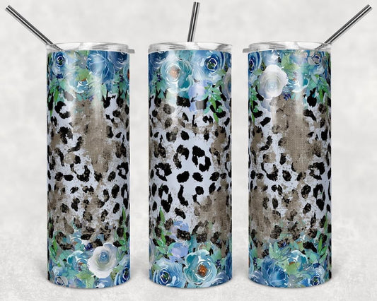 Blue & Gray Cheetah Floral - 20oz or 30oz Skinny Tumblers w/ Lid and Metal Straw