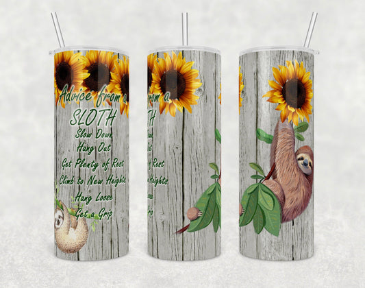 Sunflower Sloth- 20 oz or 30oz Skinny Tumblers w/ Lid and Metal Straw