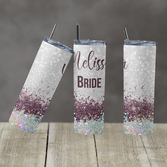 Bride & Name Glitter- 20 oz or 30oz Skinny Tumblers w/ Lid and Metal Straw