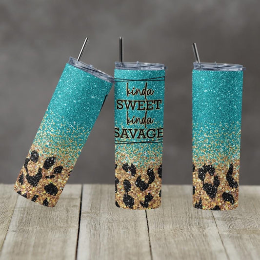 Sweet but Savage Blue Glitter Cheetah- 20 oz or 30oz Skinny Tumblers w/ Lid and Metal Straw