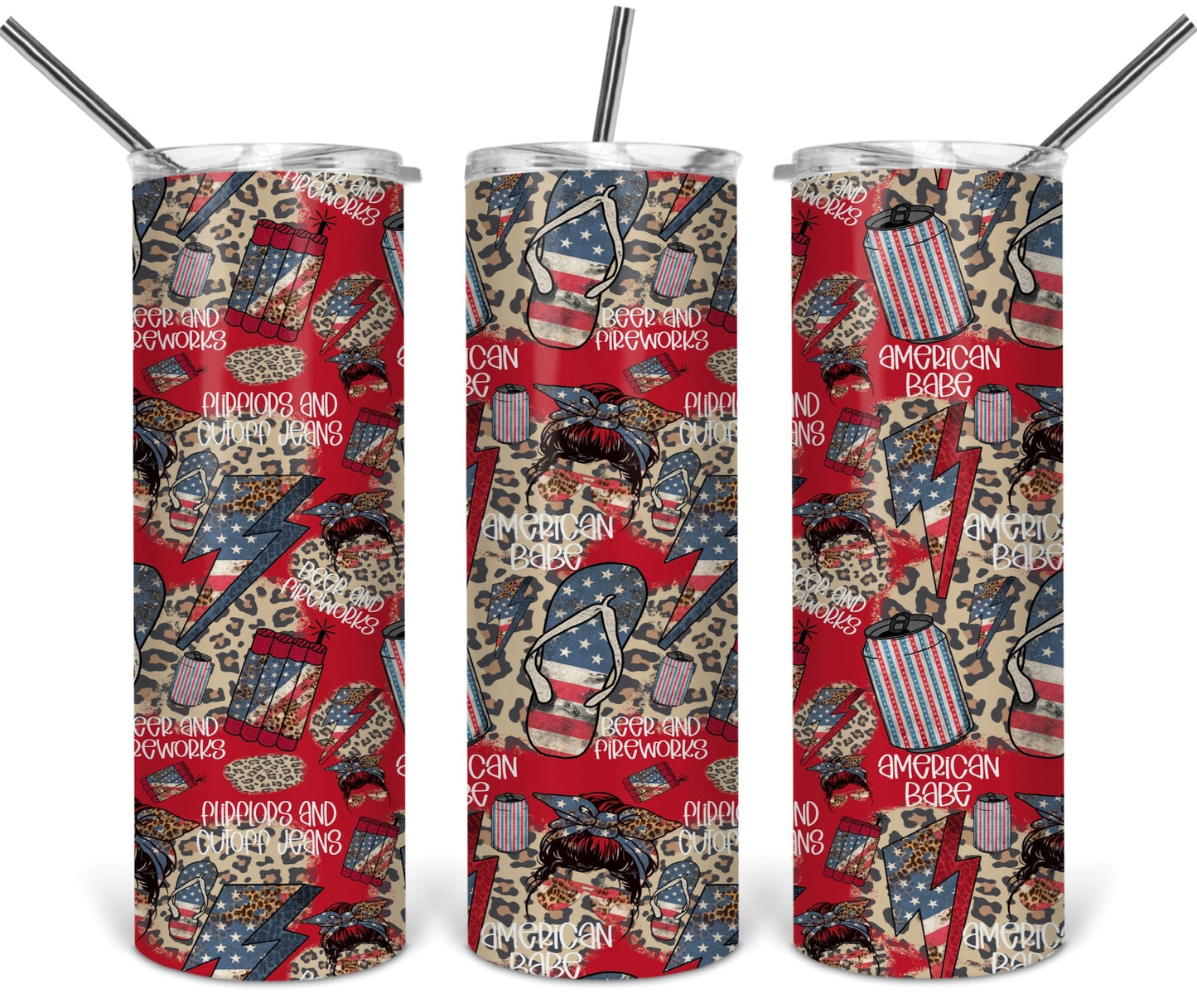 American Babe Fireworks - 20oz or 30oz as Skinny Tumblers w/ Lid and Metal Straw