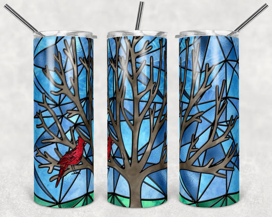 Stained Glass Red Robin- 20 oz or 30oz Skinny Tumblers w/ Lid and Metal Straw
