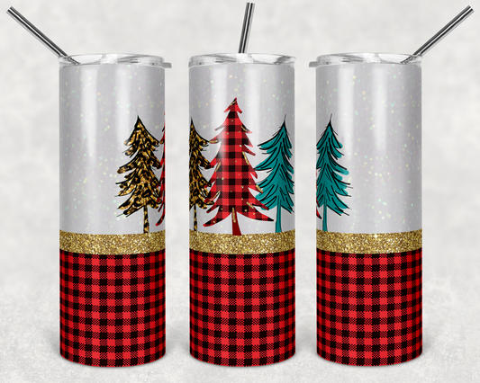 White R&B Plaid xmas trees- 20 oz or 30oz Skinny Tumblers w/ Lid and Metal Straw