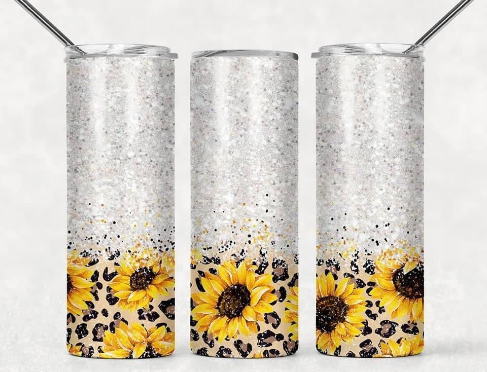 Cheetah Glitter Sunflower- 20oz or 30oz Skinny Tumblers w/ Lid and Metal Straw